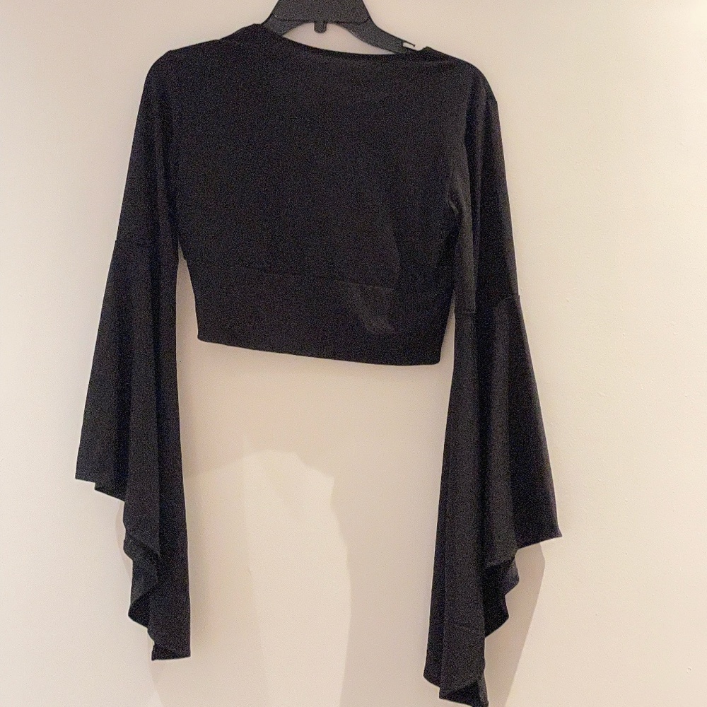 Women's V Neck Long Bell Sleeve Wrap Blouse Top Tee Shirts - Picture 8 of 8
